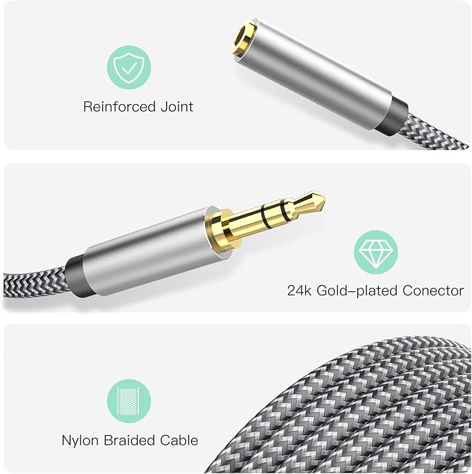 Aux Extension Cord 15ft, 3.5mm 1/8 Aux Stereo Audio Cable Male to Female Stereo Audio Extension Adapter Cable Nylon Braided Male to Female AUX Cord Compatible Phones, Headphones,Speakers, PC