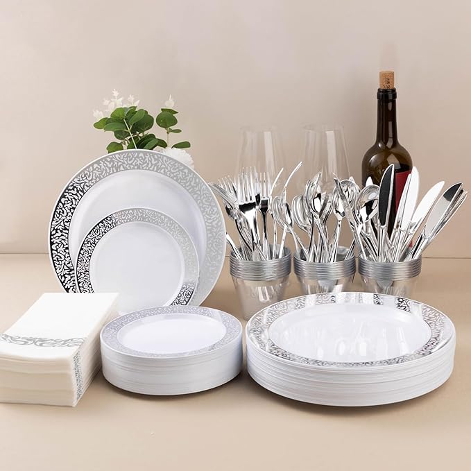 350PCS Silver Plastic Dinnerware Set for 50 Guests, Disposable Plates for Party, Wedding, Include 50 Dinner Plates, 50 Dessert Plates, 50 Set Silver Silverware, 50 Cups, 50 Napkins