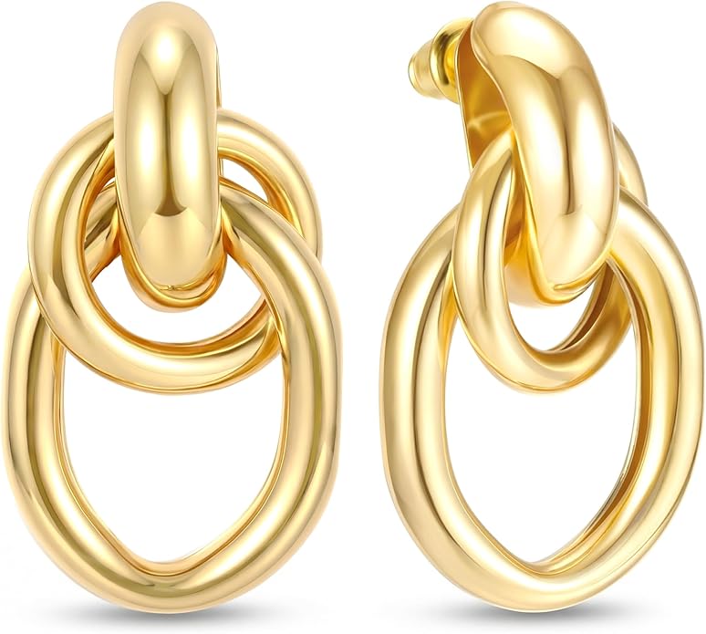 14K Gold Plated Knot Statement Earrings for Women Hypoallergenic Chunky Drop Dangle Earrings - Lightweight Fashion Accessories Gold Jewelry Gifts for Womens Trendy