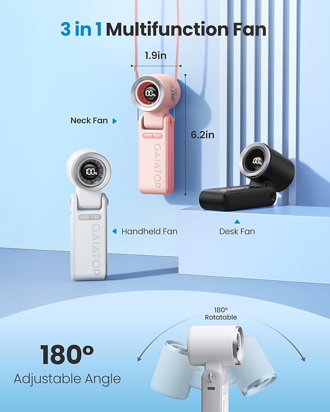 Gaiatop Portable Handheld Mini Fan, 21 Working Hours 6 Speeds, Rechargeable Battery Operated, 180° Foldable with LED Display, Small Desk Personal Fan for Women Gifts Travel, Working- White