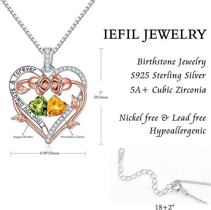 Iefil Valentines Gifts for Her Wife Women - Rose Heart Double Birthstone Necklace Gift for Wife Girlfriend Her Women, Birthstone Jewelry Gemstone Birthday Gifts for Mom Grandma Her