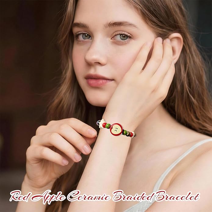 Handmade Ceramic Apple Charm Bracelet, Woven Rope String Wristband with Red Fruit Porcelain Beads, Adjustable Artisan Jewelry for Women, Nature-Inspired Accessory, Unique Teacher Appreciation Gifts