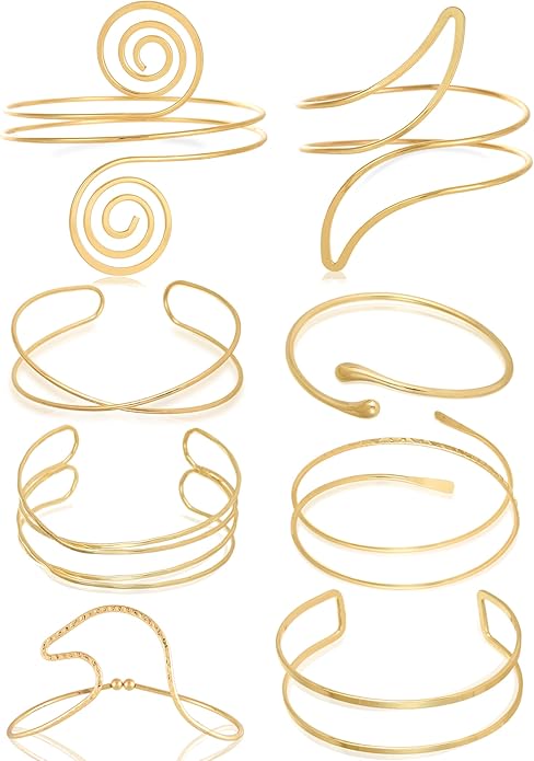8PCS Upper Arm Cuff Bracelets for Women Gold Silver Arm Band Cuff Bangle Bracelet Adjustable Minimalist Coil Armband Armlet Set