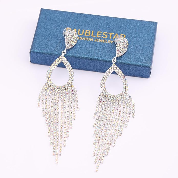 Rhinestone Teardrop with Long Tassel Earrings Sparkly Dangle Earrings for Women