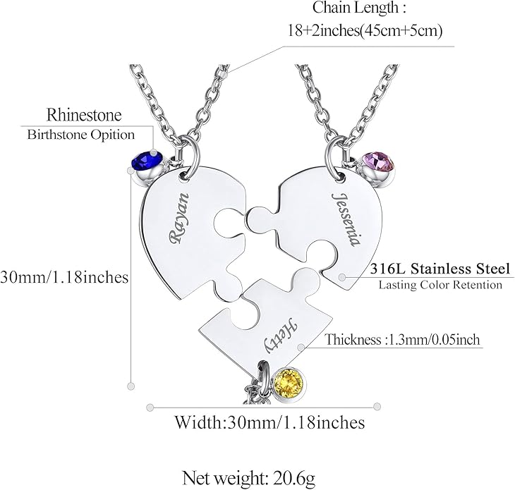 FindChic Personalized Matching BFF Necklace for 2/3/4/5/6 Puzzle Name Heart Pendant Stainless Steel Couple Necklace Set Customized Necklaces for Teen Girls