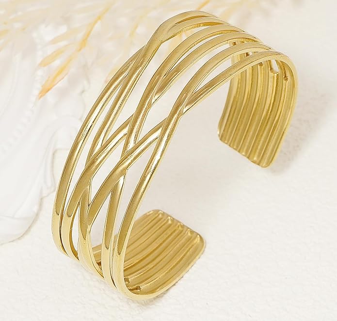 Multi-layer Cuff Bracelet for Women Cross Wire Bracelets Open Wide Cuff Gold Bangle Bracelet