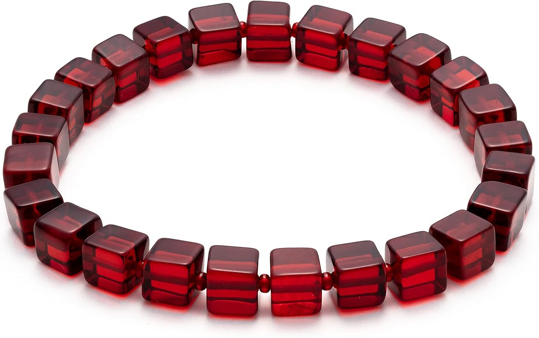 Natural Red Baltic Amber Bracelet for Women and Men – Stretch Wristband with Polished Cube Beads, Lightweight Unisex Jewelry Gift for Daily and Casual Wear (Red)