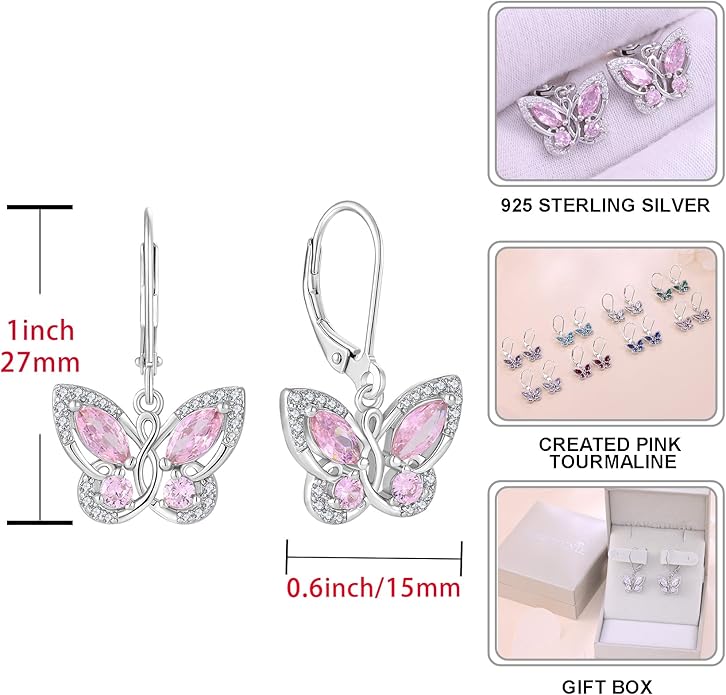 Starchenie Butterfly Earrings for Women 925 Sterling Silver Leverback Earrings Birthstone Butterfly Jewelry Gifts