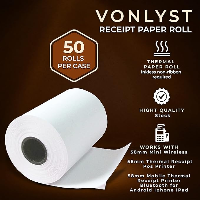 Receipt Paper Roll for 58mm Mobile Portable Thermal Printer (Pack 50 rolls)
