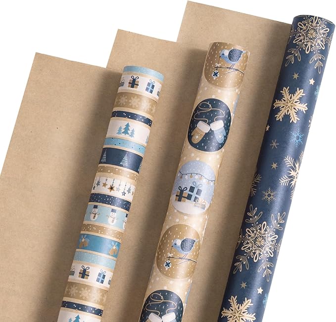 RUSPEPA Christmas Kraft Wrapping Paper Roll - Mini Roll - 17 inches x 10 feet per Roll, Total of 3 Rolls - Blue Snowman and Snowflake