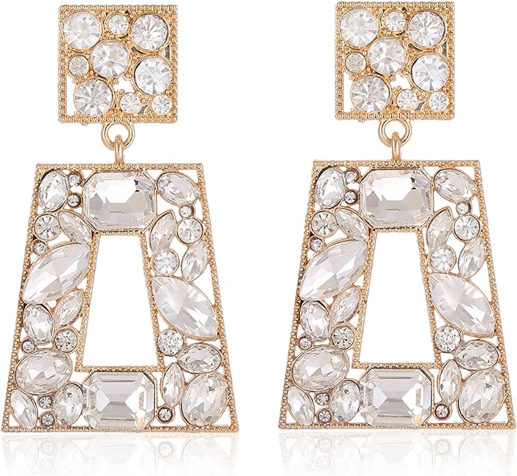 Rhinestone Rectangle Statement Earrings Colorful Crystal Geometric Drop Dangle Earrings for Women Prom Party