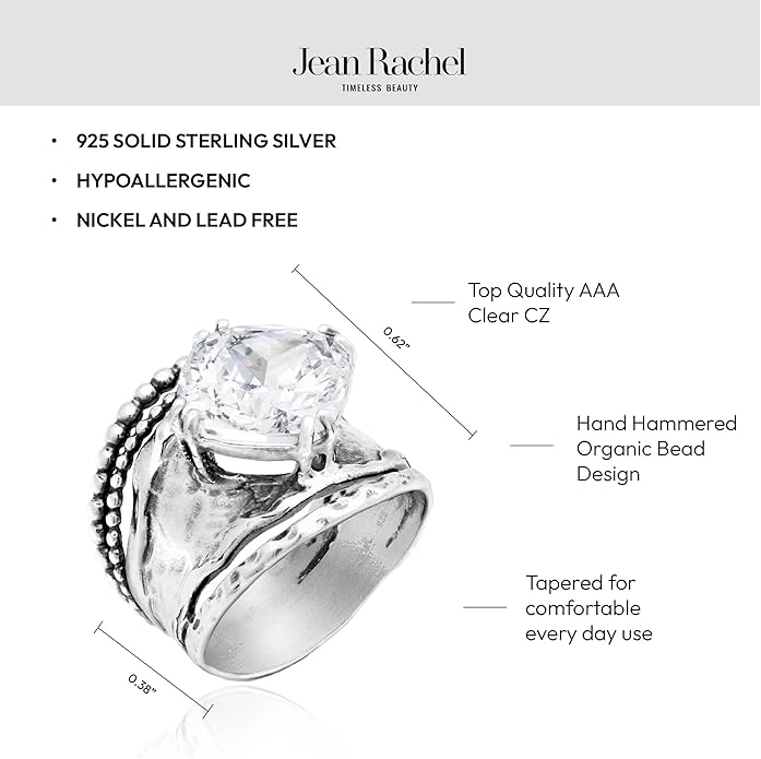 JEAN RACHEL JEWELRY 925 Sterling Silver Ring - Bold with Prong-Set Cubic Zirconia Vintage Design - Hypoallergenic, Lead & Nickel Free - Artisan Handcrafted Statement Rings for Women