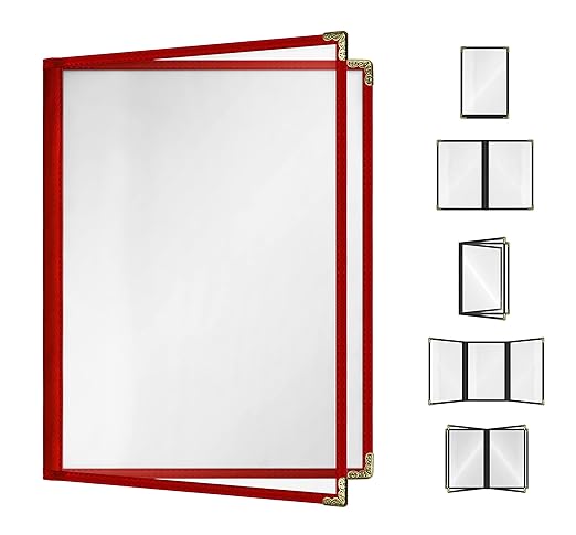 Goodsmart Restaurant Menu Covers - 25 Pack Red 2-Page/4-View 8.5" x 11", Side-Loading Vinyl Menu Holders, Clear Sleeves, Double-Stitched Edge, Leather-Style Café Menu Covers with Gold Corners
