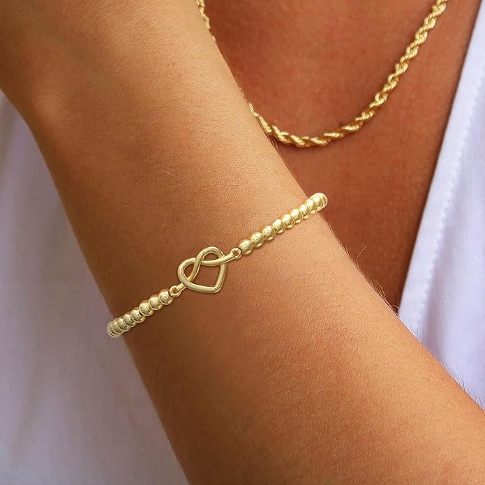 Gold Bracelets for Women 14K Gold Plated Bead Bracelet Hypoallergenic Stretch Bracelets for Women Elastic Bracelet Trendy Teen Gift Dainty Jewelry for Women