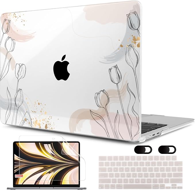 MEEgoodo Case for MacBook Air M4/M3/M2 13.6 inch 2025 2024 2022, Fit Model A3240 A3113 A2681, Compatible with MacBook Air 13 inch,Laptop Hard Shell Case with Keyboard Cover,Engraving Hand Drawn Floral
