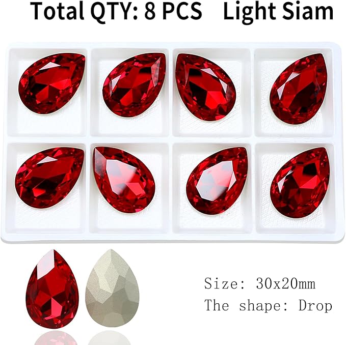 8Pcs Teardrop Crystal Pointback Rhinestones,30 * 20mm Large Glass Rhinestones Gem Stones for Crafts Dress Shoes Jewelry Making，Red