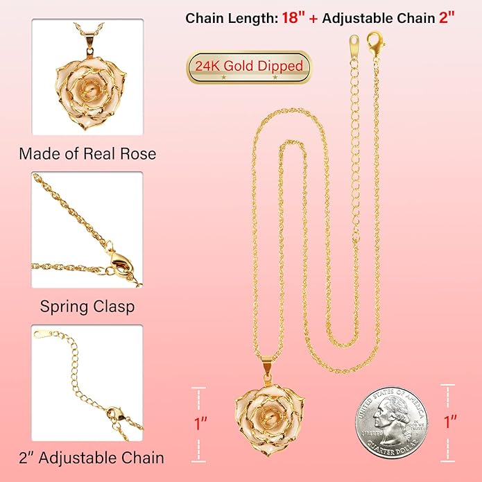 AliveRose Real Rose Gold Dipped Necklace Gifts for Women, 24K Gold Dipped Rose Pendant Necklace Jewelry Mothers Day Anniversaries Birthday Christmas Special Occasions Gifts for Her Mom Wife