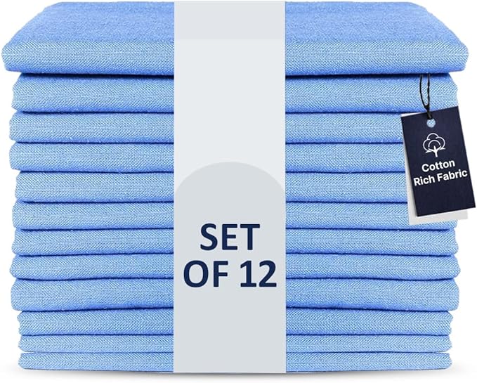 LFH Home Cotton Rich Metered Napkins for Dining Table Set of 12, Elegant Cloth Napkins for Wedding Party or Everyday Use Machine Washable Durable Reusable and Soft for Hosting 18x18 Inch - Light Blue