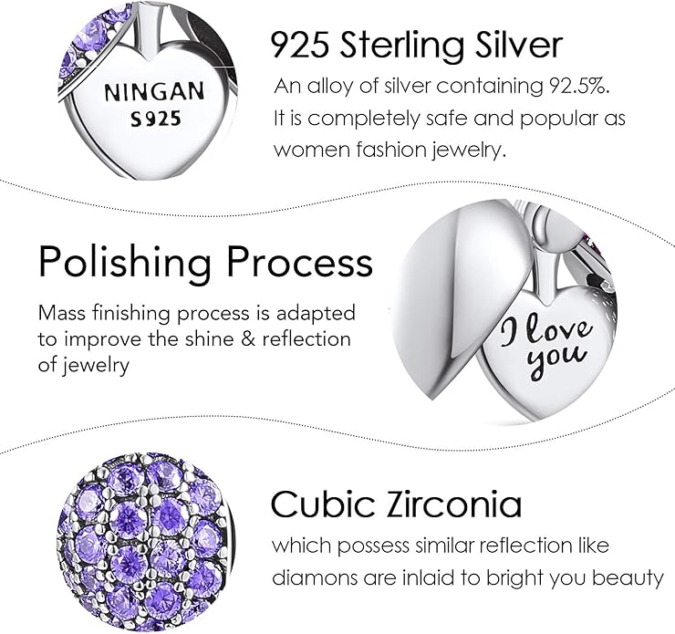 NINGAN “I Love You” Dangle Charm Love Heart Pendant Bead for Women Wife Girlfriend with 5A Cubic Zirconia for Charm Bracelets 925 Sterling Silver