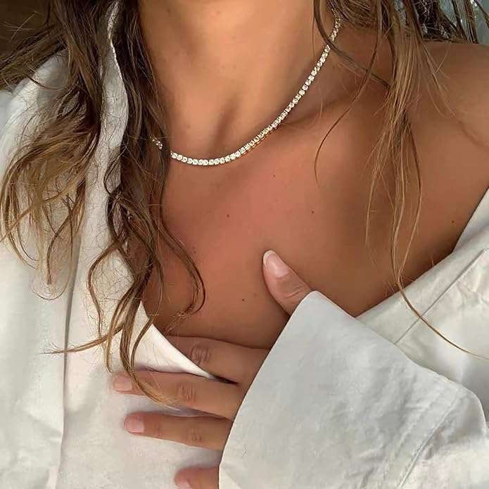 Tennis Necklace Bracelet for Women, Dainty Sterling Sliver Choker Necklace Crystal Link Bracelet Stud Earrings for Women Wedding Jewelry for Bride Jewelry Set Accessories