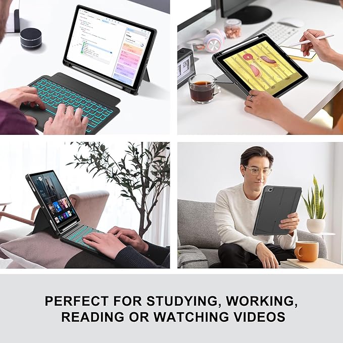 Touch for iPad 9th/8th/7th Generation Case with Keyboard 10.2 Inch, Multi-Touch Trackpad, 7 Color Backlit, Detachable Magnetic Folio Cover with Pencil Holder for iPad Air 3rd Gen/iPad Pro 10.5" Black