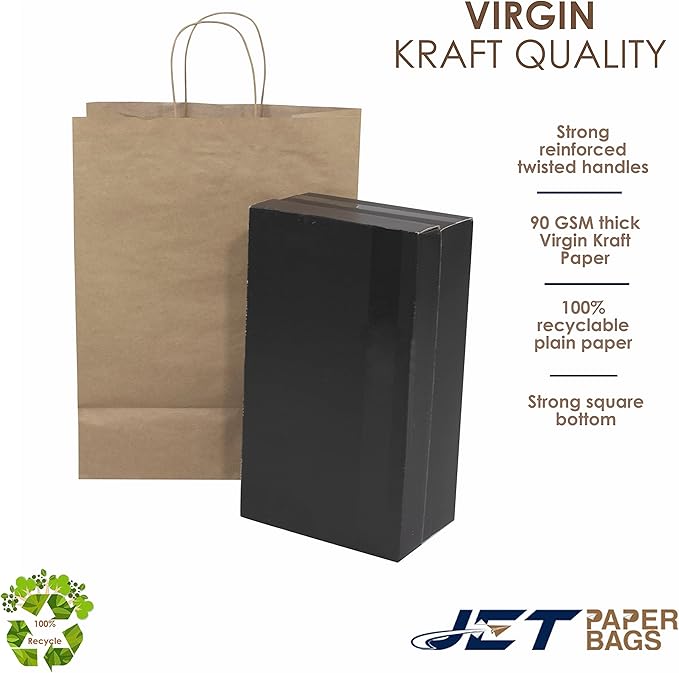 JET PAPER BAGS - 13”x7”x17” Inch [100 Pcs] Large Brown Paper Bags with Handles Prime for Takeout, Grocery, Goody, Retail, Party, Gifts, Weddings
