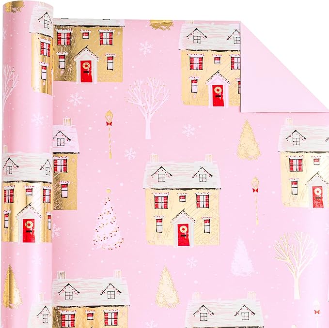 WRAPAHOLIC Reversible Christmas Wrapping Paper - Mini Roll - 17 Inch x 33 Feet - Pink House and Solid Pink Wrapping Paper with Metallic Foil Shine for Chrsitmas, Holiday, Party