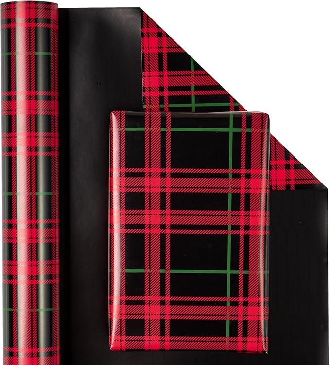 WRAPAHOLIC Reversible Plaid Wrapping Paper - Mini Roll - 17 Inch x 33 Feet - Red and Black Plaid Christmas Wrapping Paper for Christmas, Birthday, Baby Shower, Holiday