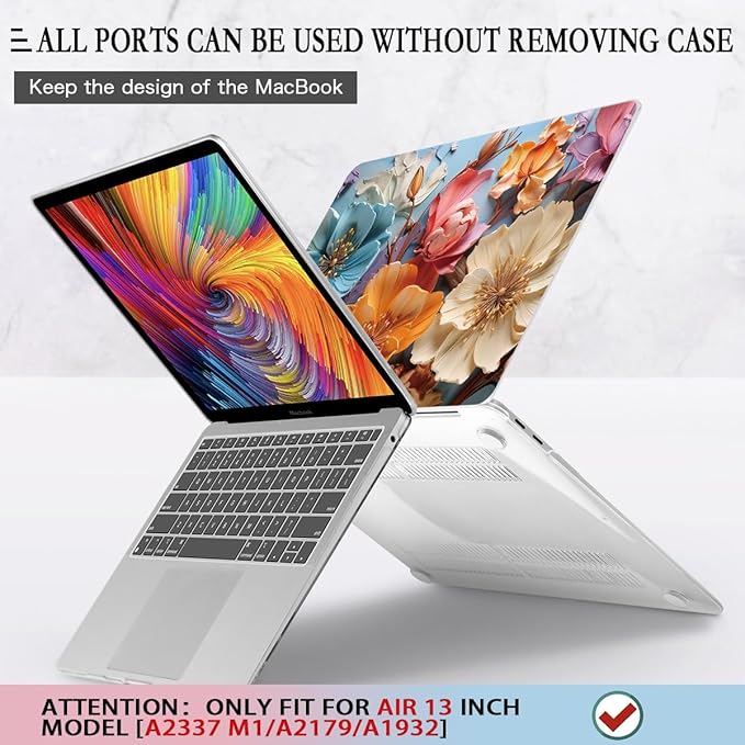 CISSOOK Compatible with MacBook Air 13 inch Case 2021 2020-2018 Release M1 A2337 A2179 A1932, Flower Hard Shell Case with Keyboard Cover for MacBook Air 13 Inch with Touch ID, Silk Flowers
