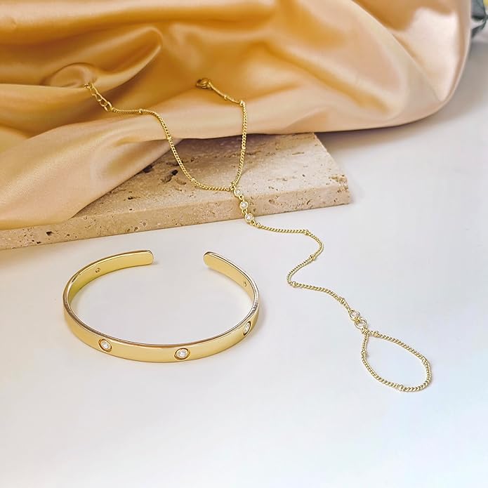 My Queen Gold Bracelets for Women 14K Gold Plated Dainty Stackable Hand Chain Bracelet Trendy Ring Chain Bangle Cuff Bracelets Adjustable Body Jewelry Set Gifts