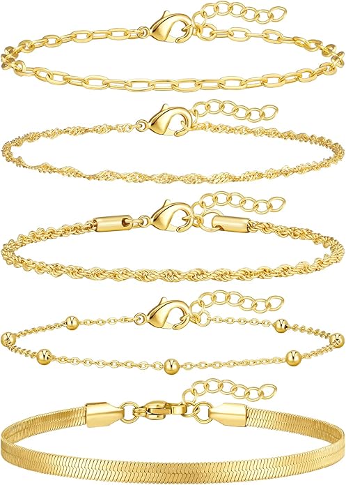 adoyi Valentines Day Gifts for Her Gold Bracelets for Women, 14K Gold Plated Stackable Bracelet Stack Set Adjustable Charm Paperclip Chain Cuban Link Layered Waterproof Jewelry Sets Gifts for Womens
