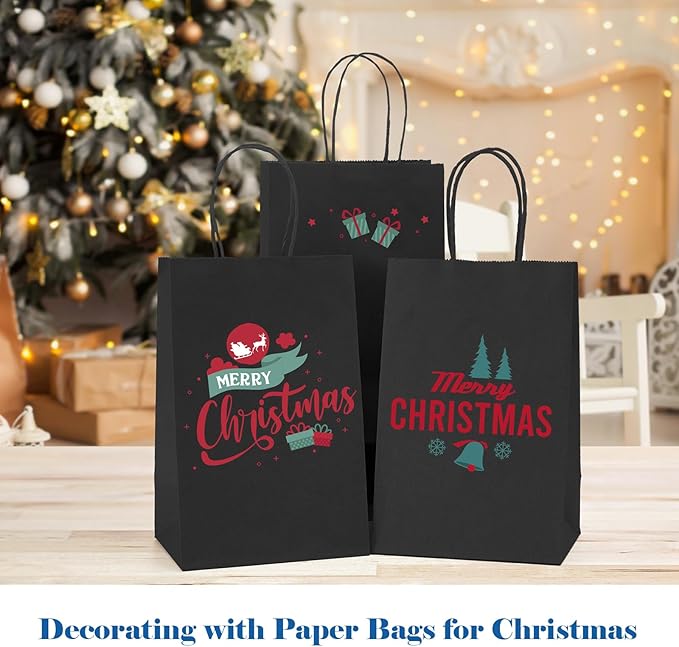 GSSUSA 5.25x3.75x8 50Pcs Black Gift Bags with Handles,Small Gift Bags Craft Bags for Small Business, Black Goodie Bag,Sturdy Kraft Paper Bag, Retail Shopping