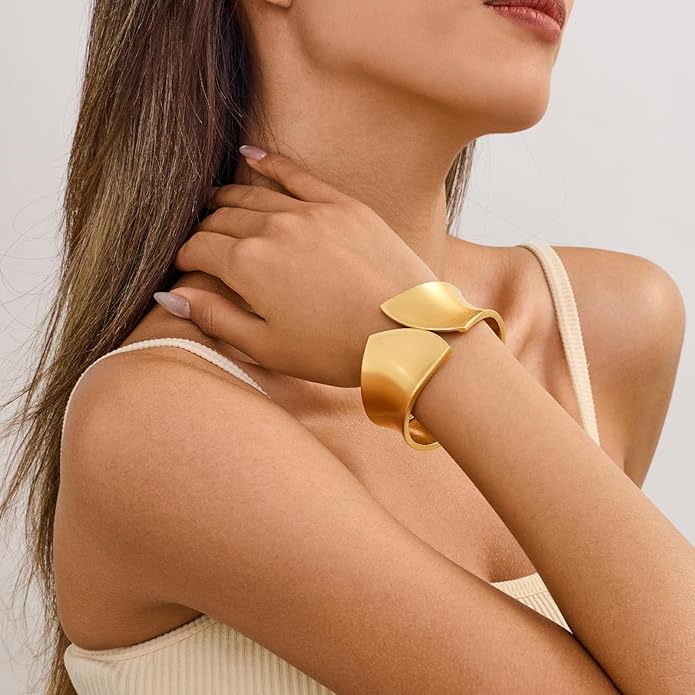 Statement Golden Matte Bracelet for women Minimalist Chunky Brushed Bangle Bracelet Vintage Thick Wide Cuff bracelet Gold Plated Open Cuff Geometric Bracelet