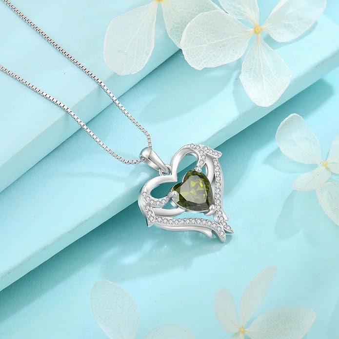 FJ Heart Angel Wings Pendant Necklace 925 Sterling Silver Birthstone Jewelry Gifts for Women