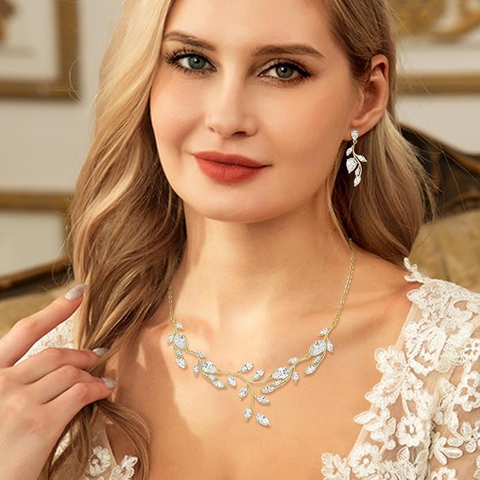 EVER FAITH Wedding Jewelry for Bride Women Bridesmaid, Sparkly Cubic Zirconia Pear-Shaped Birthstone Leaf Necklace Earrings Set for Prom