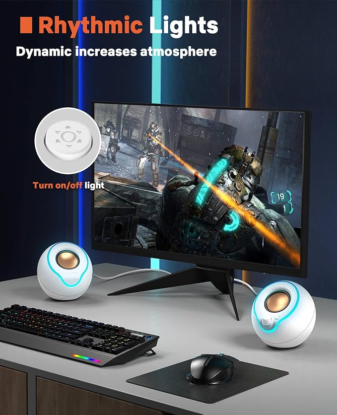 LENRUE Computer Speakers, PC Speakers with Colorful Lights Button, Volume Knob, 45 ° Tilt, Loud Sound, AUX and USB Powered for PC Desktop Monitor Laptop