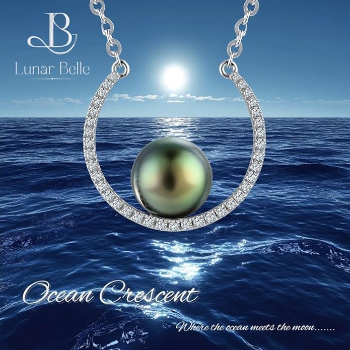 Lunar Belle 925 Silver Tahitian Black Pearl Pendant Necklace with Moissanite Halo, Gift for Wife Mother's Day Anniversary (Ocean Crescent)