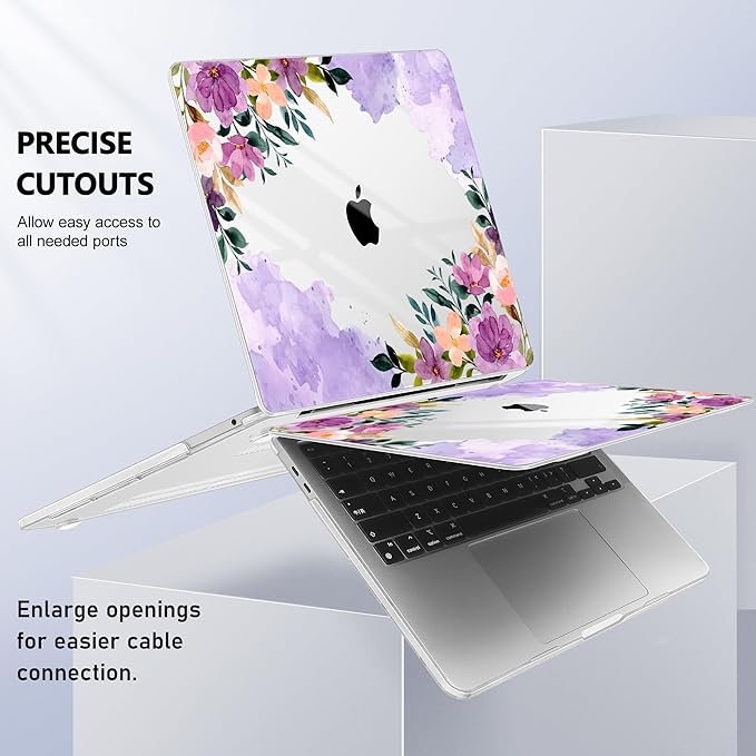 Case for MacBook Pro 13 inch with/Without Touch Bar (2016-2022, M2 A2338 M1 A2289 A2251 A2159 A1989 A1706 A1708), Hard Shell + Keyboard Cover + Dust Plug - Purple Flower