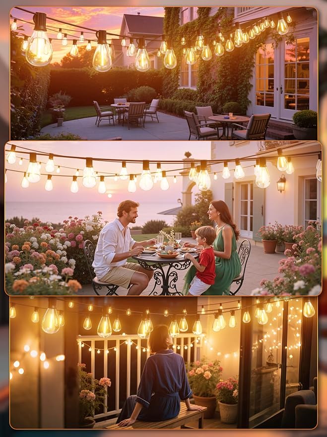 luckystyle 200FT LED Outdoor String Lights with Remote, 74+2 Shatterproof Bulbs Waterproof and Dimmable Patio Lights for Porch, Garden, Backyard, Deck, Balcony, 2200K Hanging Lighting