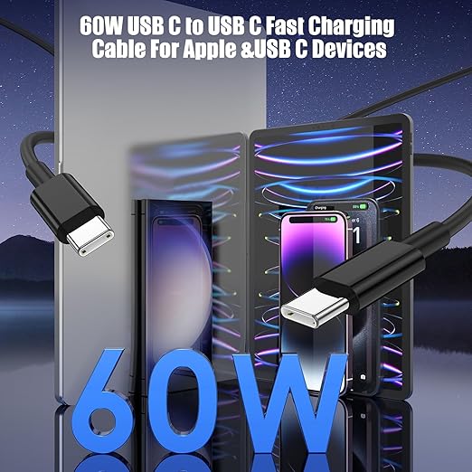 3-Pack Black [3.3FT+6.6FT+6.6FT] 60W USB C to USB C Cable, Type C Fast Charging Cable for iPhone 16 15 Pro Plus Pro Max，for Galaxy S24 S23, for iPad Pro/Air, for MacBook Pro/Air and More