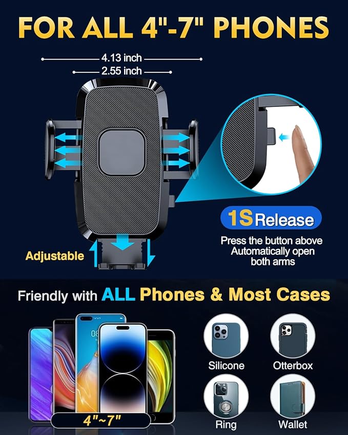 [Military-Grade Construction] Phone Holders for Your Car, 2025 New Car Phone Holder Cell Smartphone Mount Windshield Dashboard Suction Cup Stand Truck Cradle for iPhone Samsung Android All