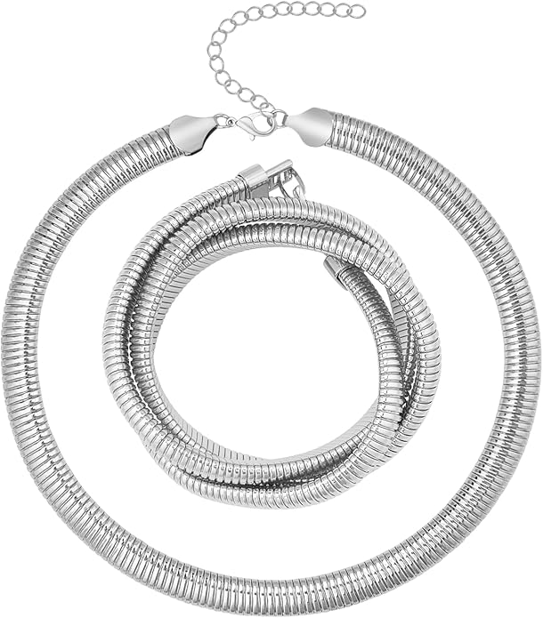 YBMYCM Chunky Gold-plated Silver Jewelry Set Multi Strands Stainless Steel Choker Necklace Bracelet Set for Women