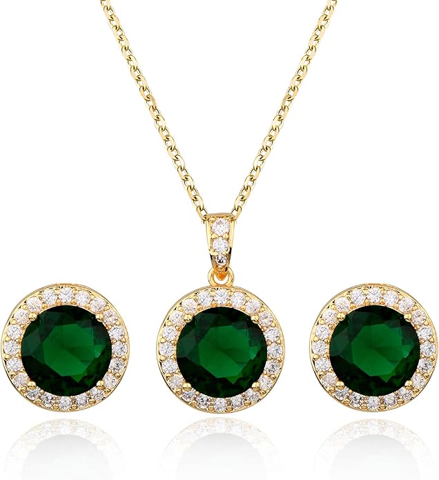 Bridal Crystal Jewelry Set - Sterling Silver Round Cubic Zirconia CZ Rhinestone Halo Birthstone Pendant Necklace Stud Earrings Set for Wedding Bride Bridesmaids Birthday Gift