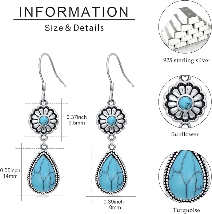 Western Earrings for Women 925 Sterling Silver Turquoise Western Country Dangle Drop Earrings Country Jewelry Gifts for Cowgirl Cowboy