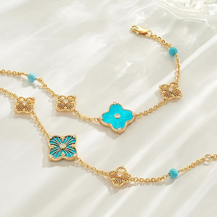 FETERO Gold Bracelets for Women Trendy, Dainty 14K Gold Plated Charm Clover Bracelet 2 Sided Lucky Pendant Cute Pearl Beaded Bracelets Link Chain Waterproof Womens Jewelry Gifts