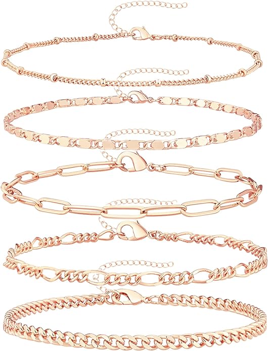 Gold Bracelets Set for Women Non Tarnish Trendy,14K Gold Plated Dainty Stackable Paperclip Cuban Link Chain Bracelets, Simple Cute Cuff Bracelets Jewelry Set Adjustable 7"+2"