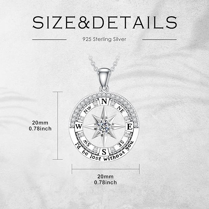 Compass Birthstone Necklace Gift for 2025 Graduation 925 Sterling Silver Compass ‘I'd be Lost Without You’ Pendant Necklaces Jewelry for Women Her Wife Gift for Birthday Anniversary
