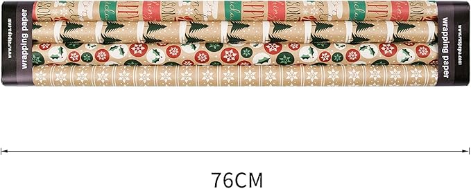 RUSPEPA Christmas Wrapping Paper, Kraft Paper - Christmas Tree, Snowflake and Seasonal Brocade Style Designs - 4 Rolls - 30 inches x 10 feet per Roll