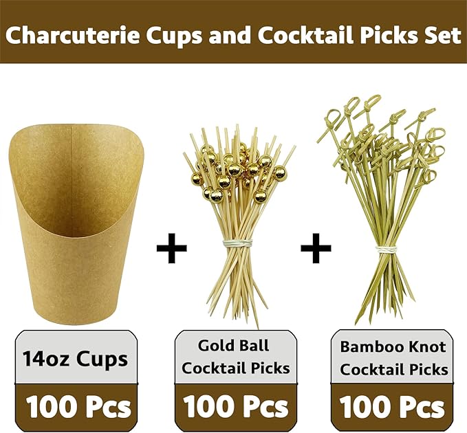 [100 Cups + 200 Picks] CAMKYDE 100 Pcs Charcuterie Cups with 200 Pcs Cocktail Picks (14oz, Brown)