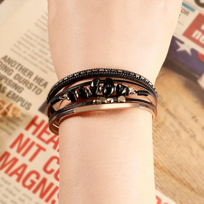 Fesciory Leather Wrap Bracelets for Women, Boho Leopard Multi-Layer Crystal Beads Cuff Bracelet Jewelry